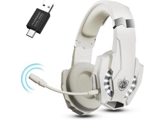 PHOINIKAS Wireless Gaming Headset with mic for PS4 PS5 PC Switch, 2.4G Wireless Over Ear USB Gaming Headphones with 7.1 Stereo Sound, Low Latency, 15H Battery Life - White